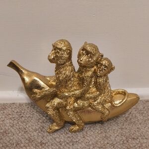Charming Gold Monkey Trio on Banana Sculpture
